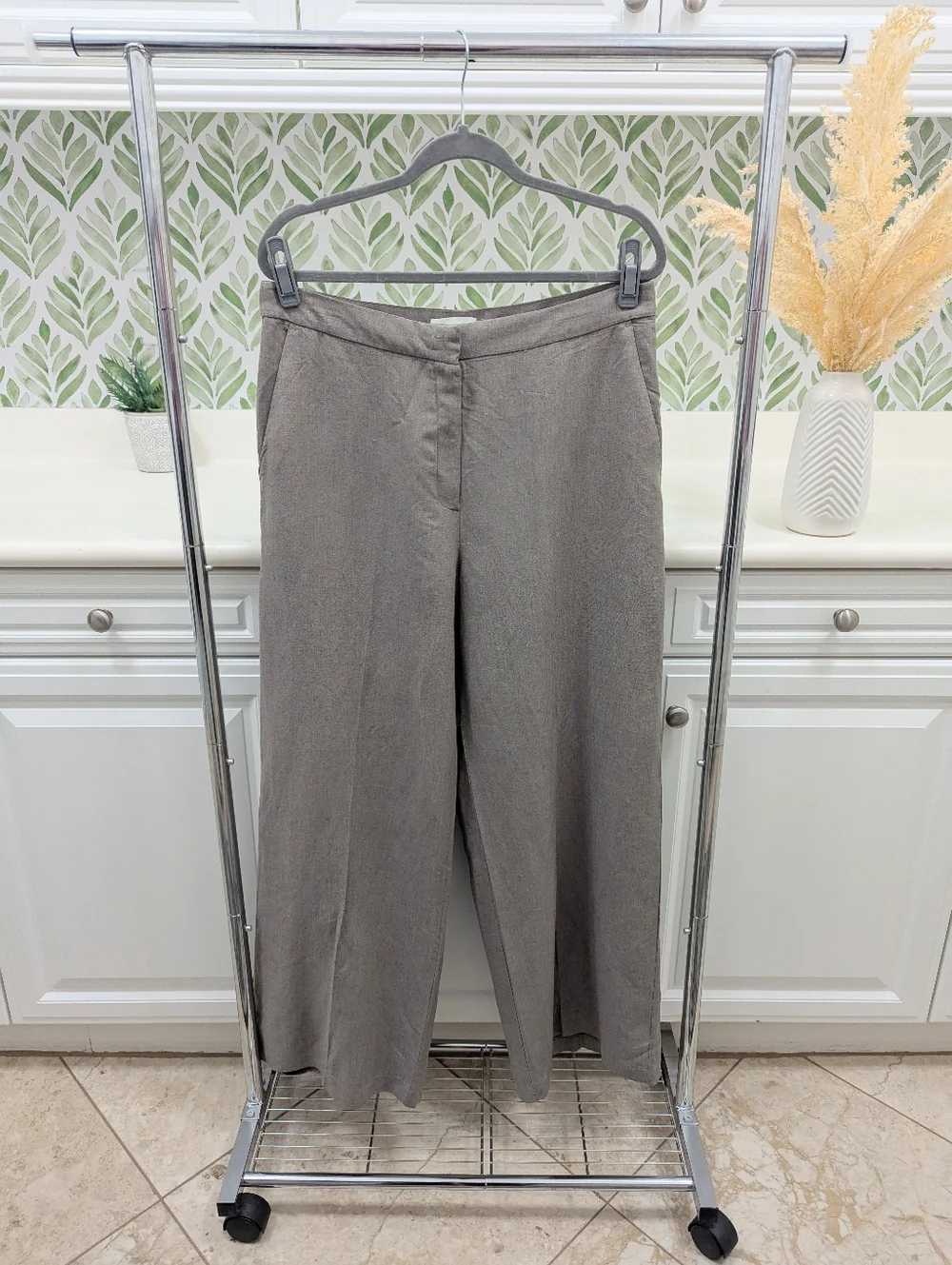 H&M Linen-Blend Pants in Taupe Gray Women's 12 Wide Leg Summer
